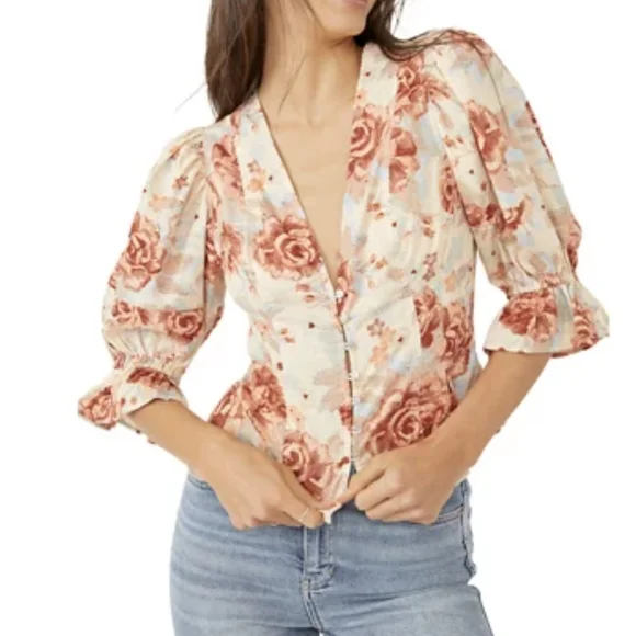 Free People Top Blouse Short Sleeve Deep V-Neck Floral Print Linen Ivory L NWT - Picture 2 of 16